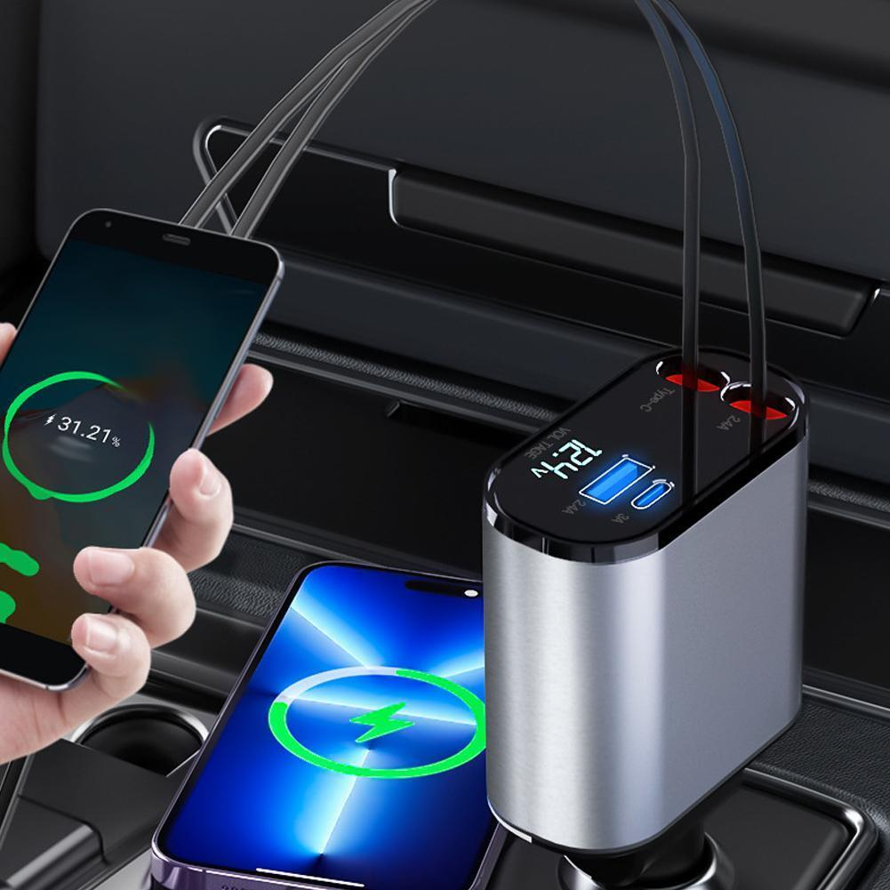 Retractable Car Charger 4 in 1 Fast Car Phone Charger 120W With USB Type C Cable