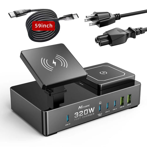 Wireless Charger 8 in 1 320W USB C Charging Station Magnetic Travel Wireless Charging Station Multiple Devices USB C Charger Block Compatible with Magsafe Iphones Apple Watch 11/10/9/8/7/6/5/4/3/2/1/Ultra 3/Ultra 2/Ultra/SE3/SE2/SE AirPods Pro/3/2/1.